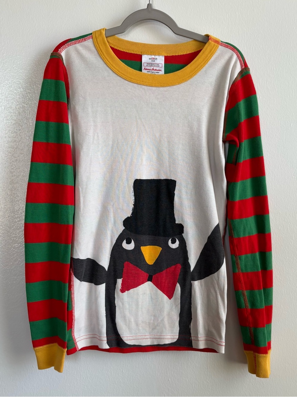 Hanna Andersson Kids Size 12 Pajama Top Organic Cotton Penguin Striped Xmas